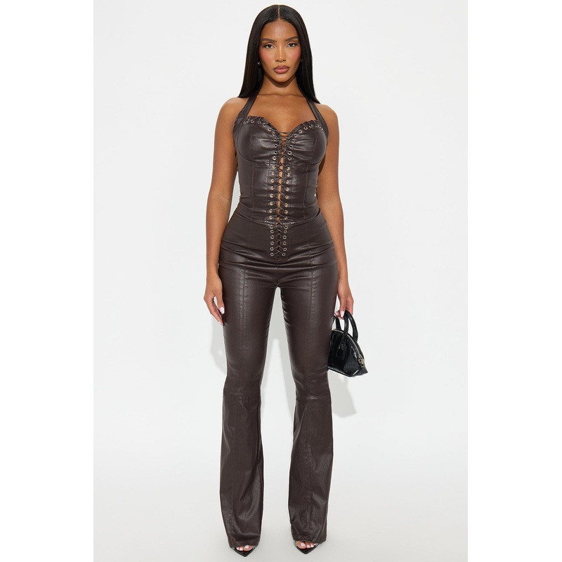 Bad Behavior Faux Leather Halter Jumpsuit – Chocolate