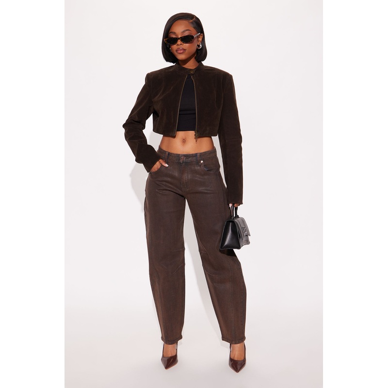 Cali Coated Barrel Leg Jeans – Brown