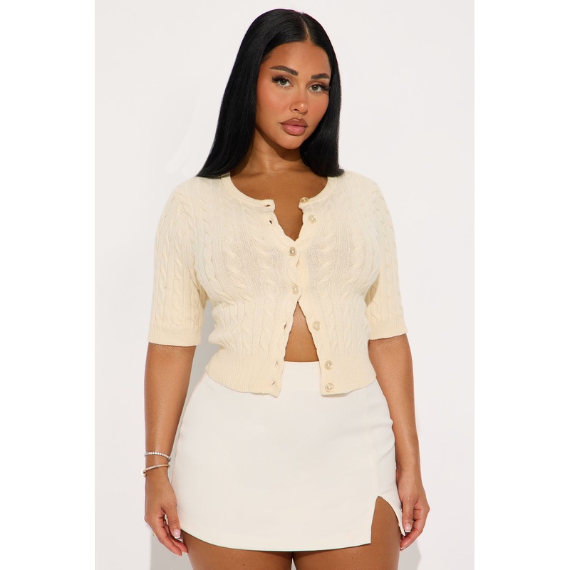Elowen Short Sleeve Cable Knit Cardigan – Cream