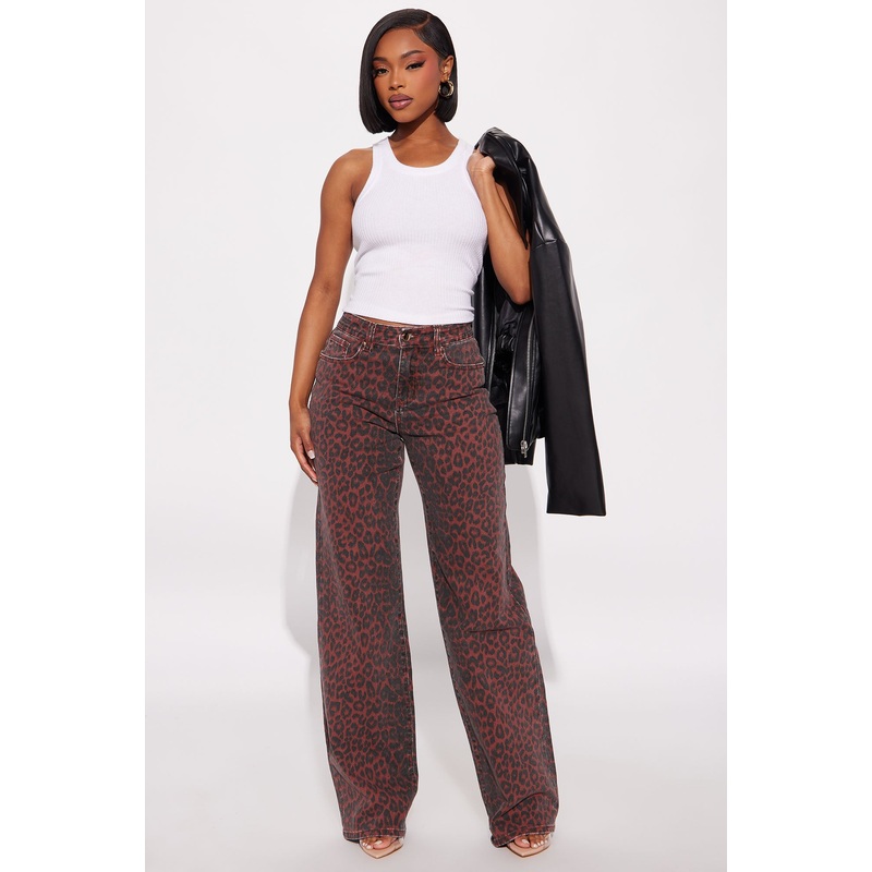 Fierce Attitude Leopard Print Wide Leg Jeans – Burgundy/combo