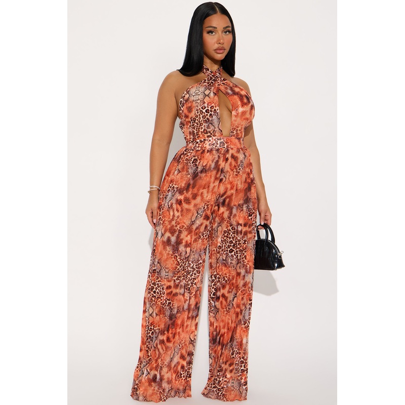 Heatwave Pleated Chiffon Wide Leg Jumpsuit – Orange/combo