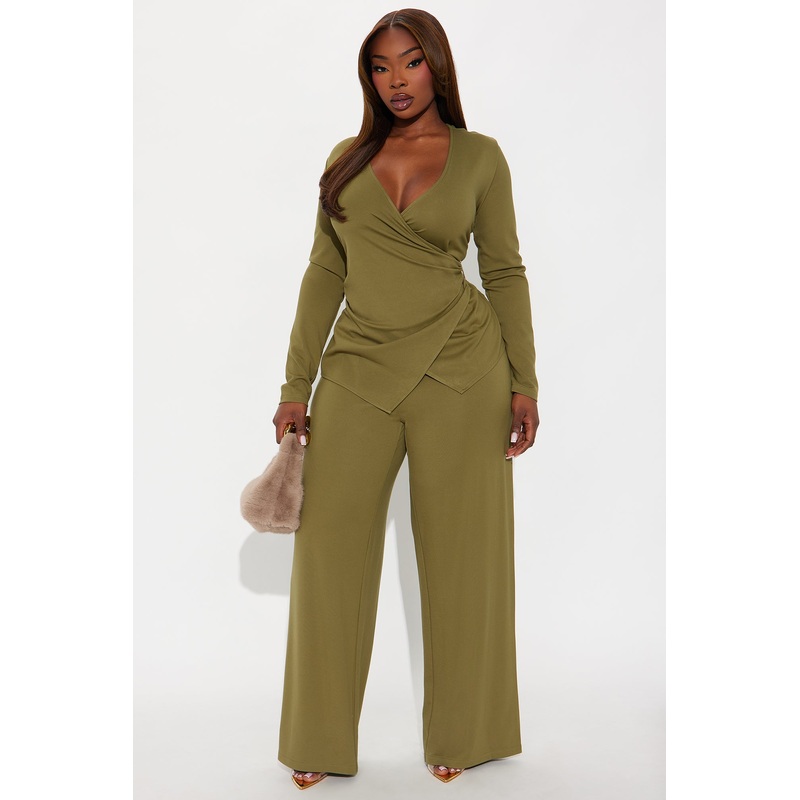 Helena Wrap Top And Wide Leg Pant Set – Olive