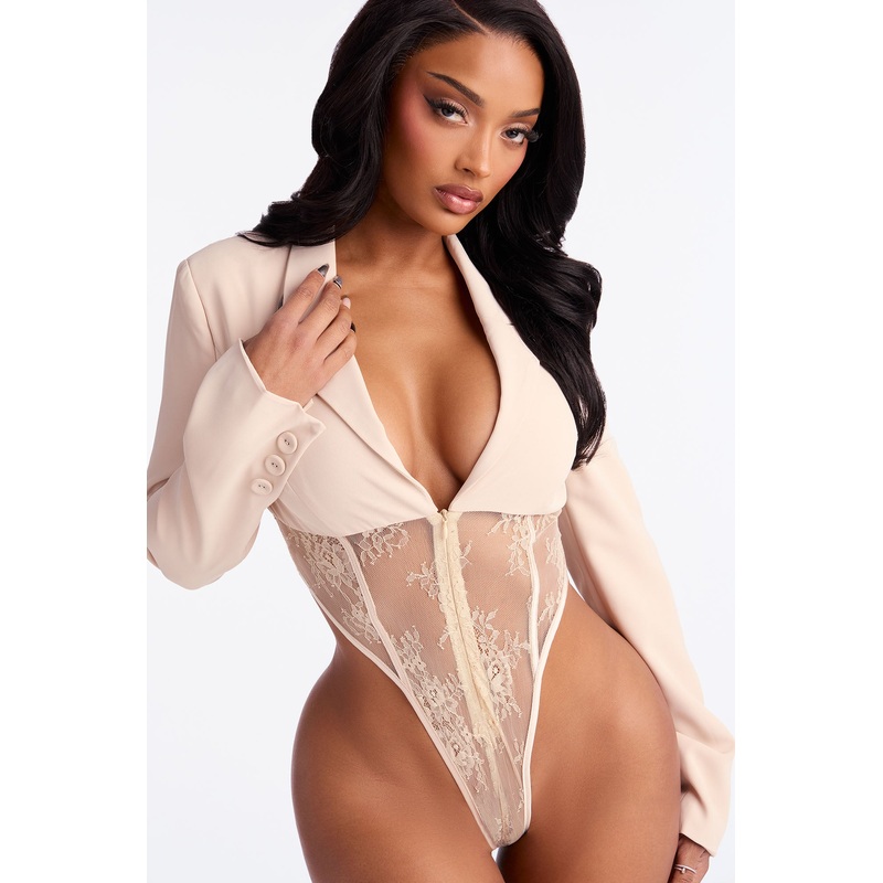 Isabella Shoulder Pads Lace Bodysuit – Beige