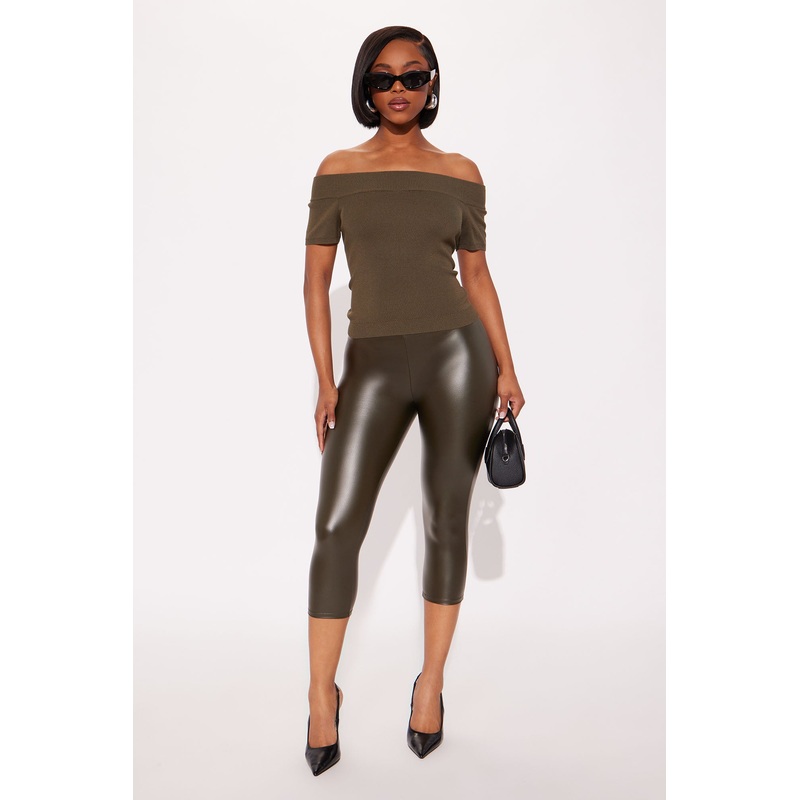 Linda Mid Rise Faux Leather Capri Legging 19 – Olive