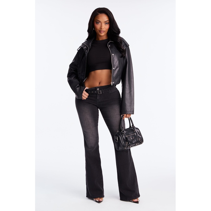 Over Yonder Belted Low Rise Flare Jeans – Black Wash