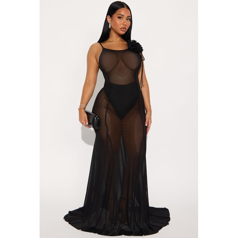 Sheer Goddess Mesh Maxi Dress – Black