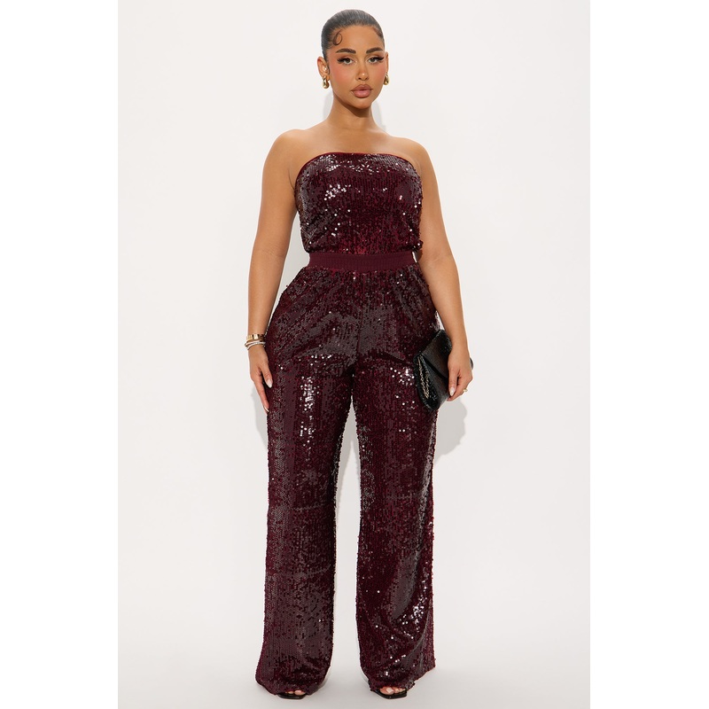 Shiny Nights Sequin Strapless Jumpsuit – Burgundy
