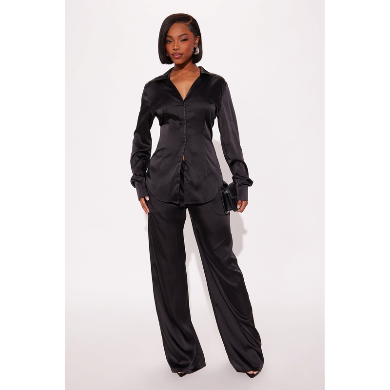 Sienna Fitted Satin Pant Set – Black