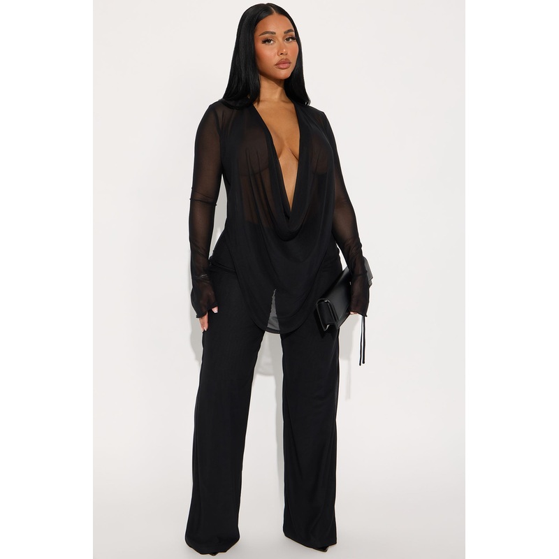 Silent Muse Cowl Neck Mesh Pant Set – Black