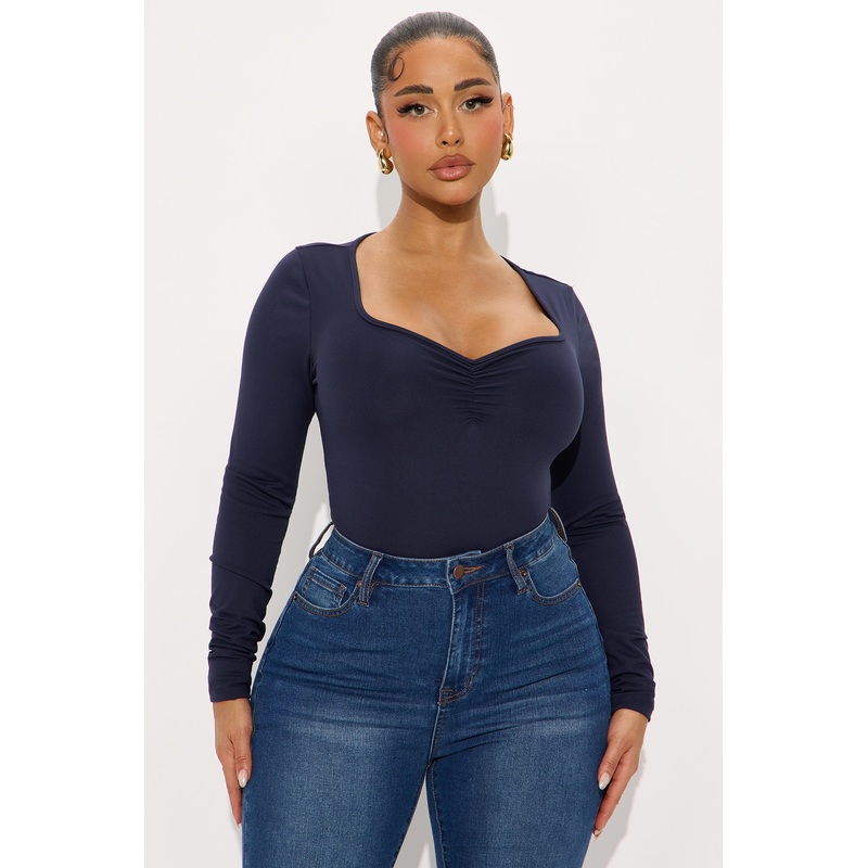 So Sweet Ruched Long Sleeve Basic Top – Navy