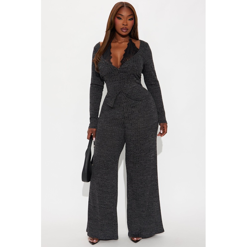 Tempting Fate Lace Bra Ribbed Pant Set – Charcoal