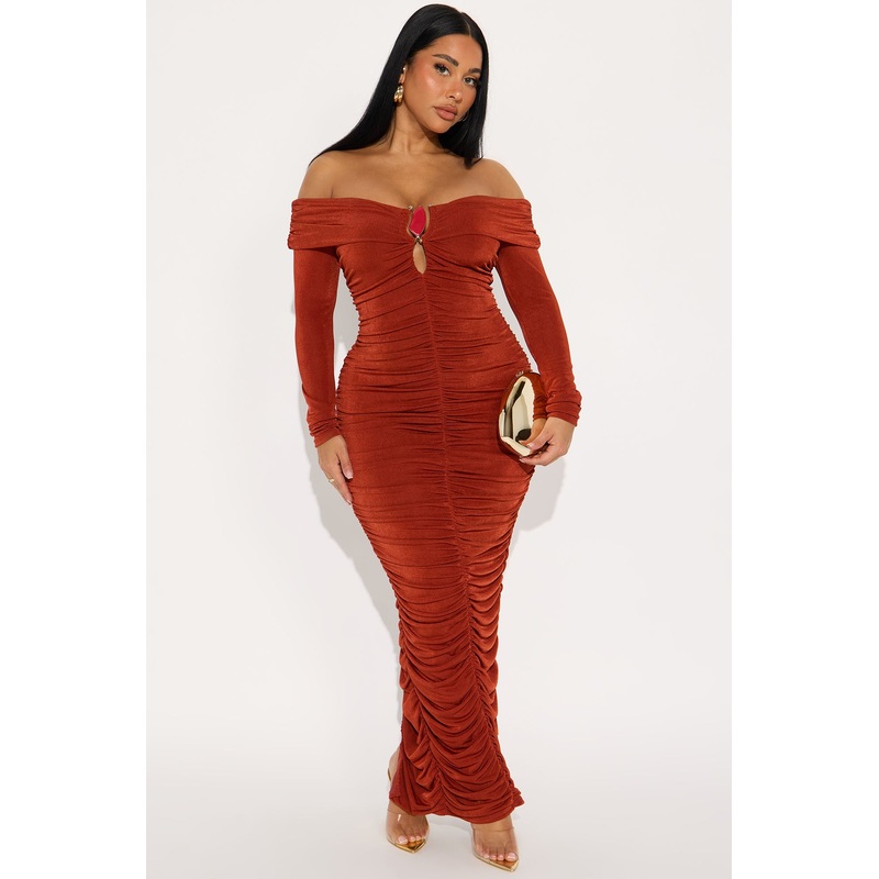 Trina Off Shoulder Ruched Maxi Dress – Rust