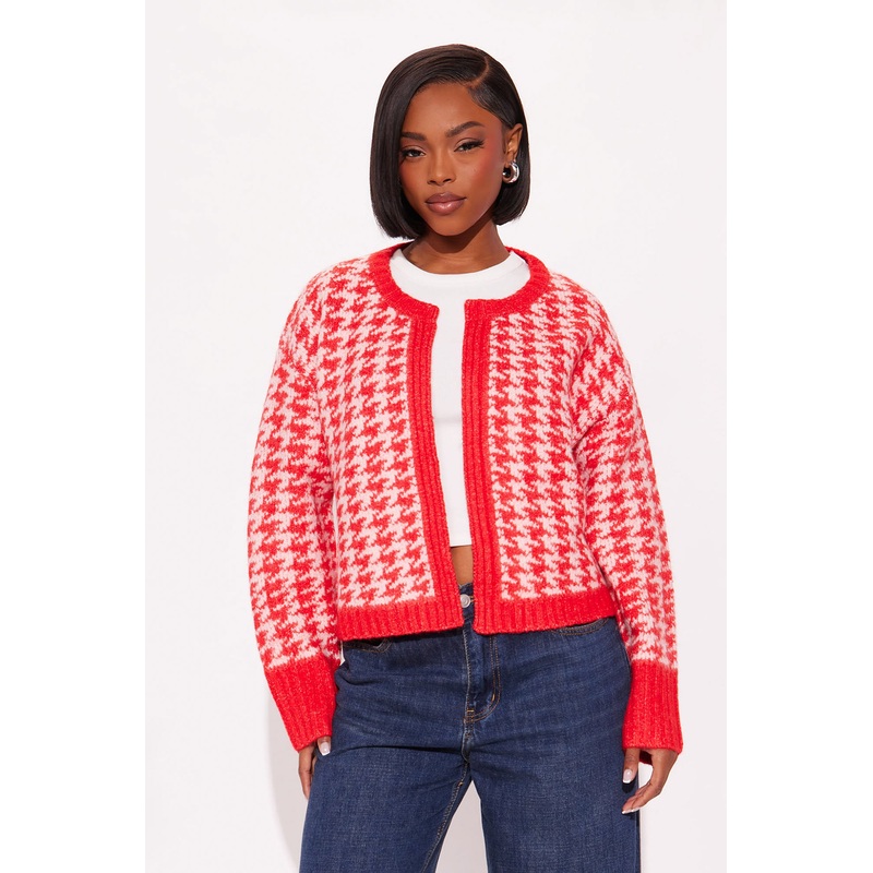 True Desires Houndstooth Cardigan – Red/combo