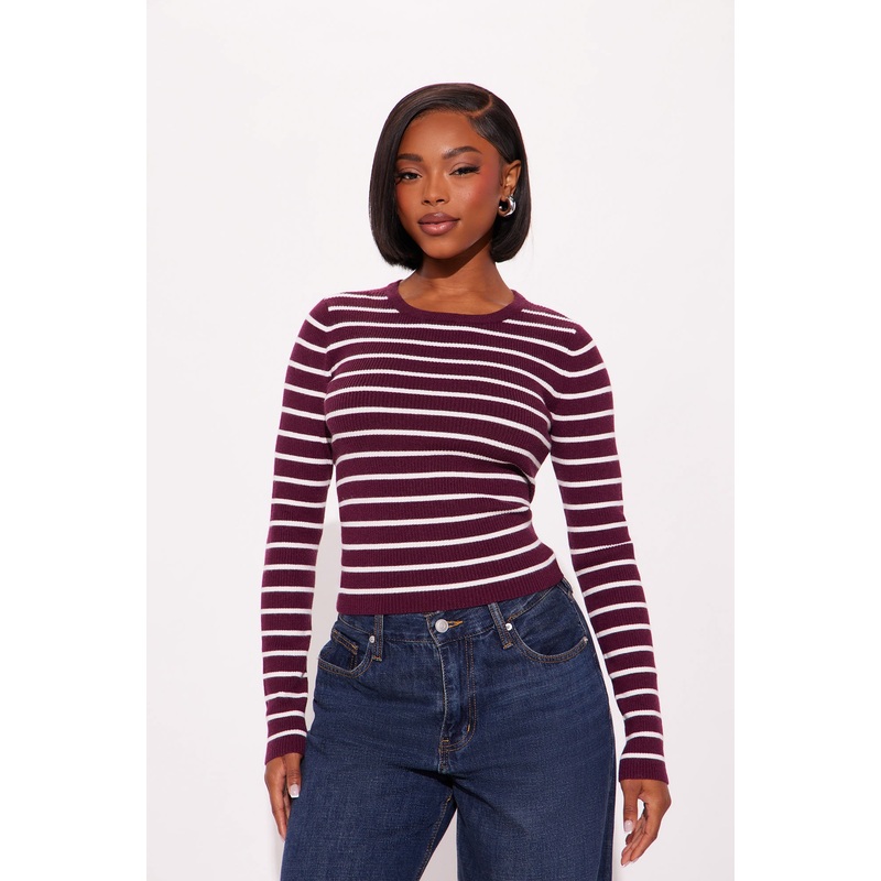 Tylie Striped Sweater Top – Burgundy/combo