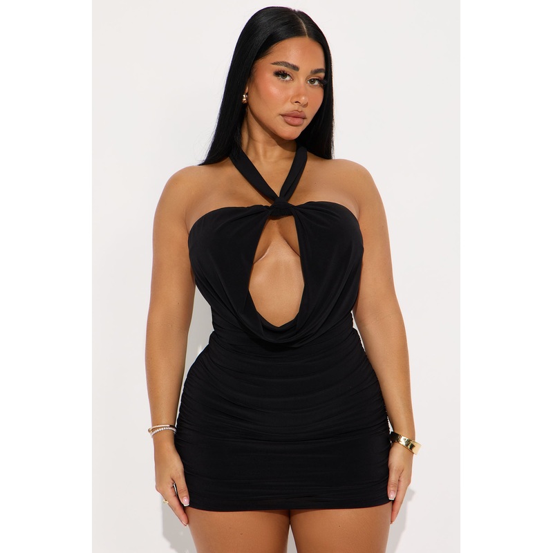Yuri Cowl Neck Ruched Mini Dress – Black