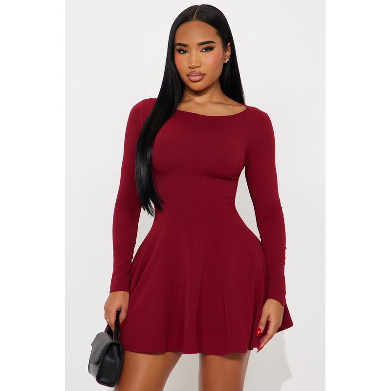 Amaya Long Sleeve Pleated Mini Dress – DarkRed