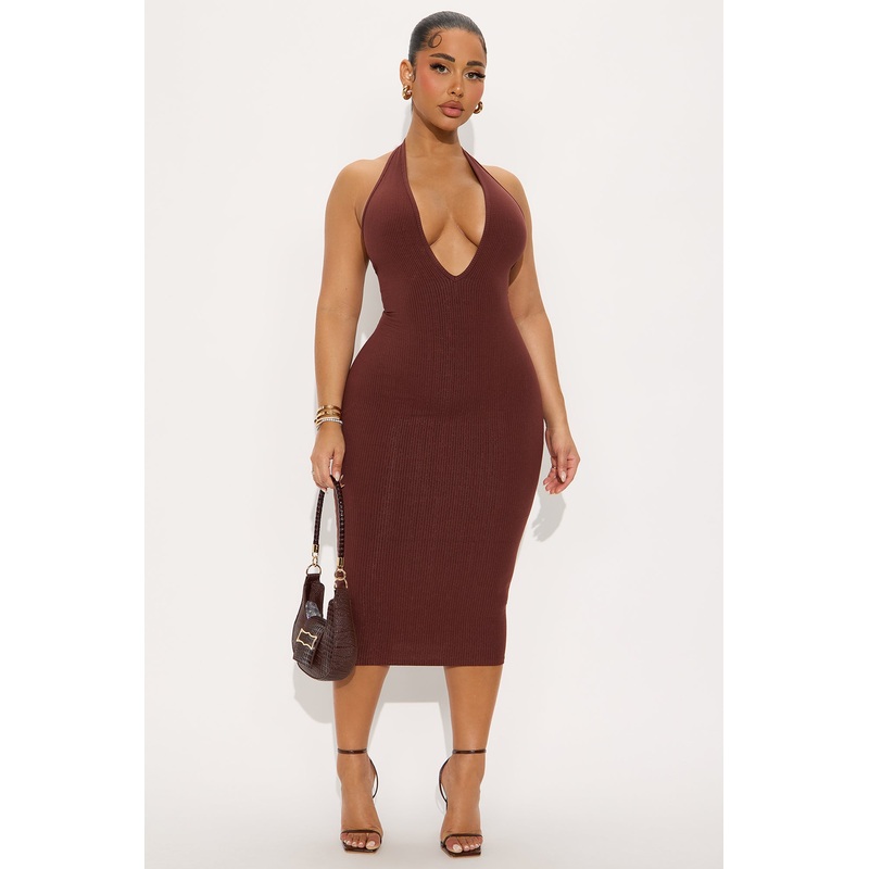 Ana Halter Snatched Midi Dress – Brown