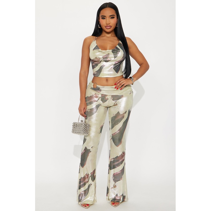 Enchanted Metallic Halter Flare Pant Set – Green