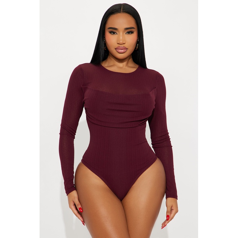 Feminine Flair Long Sleeve Ribbed Bodysuit – Burgundy