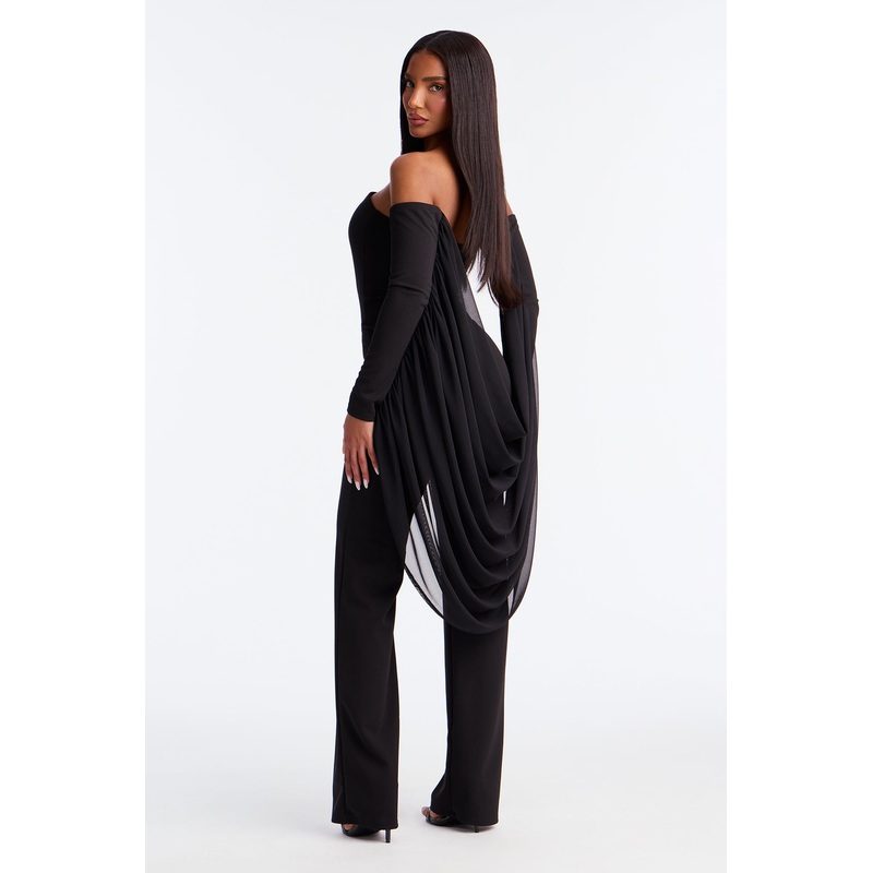 In The Night Strapless Draped Wrap Jumpsuit – Black