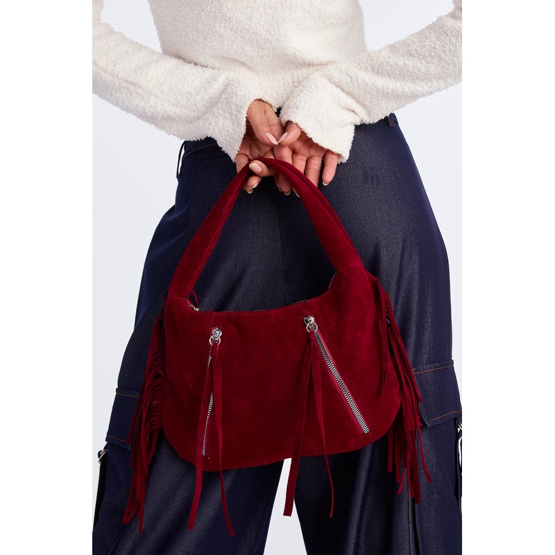 On My Mind Fringe Faux Suede Shoulder Bag – Burgundy