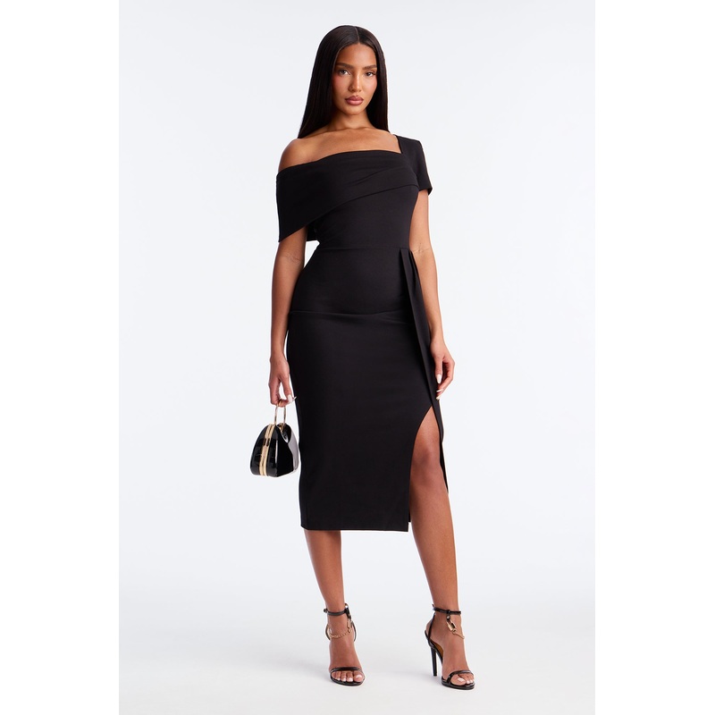 Sadie Short Sleeve Body Sculpting Ponte Midi Dress – Black
