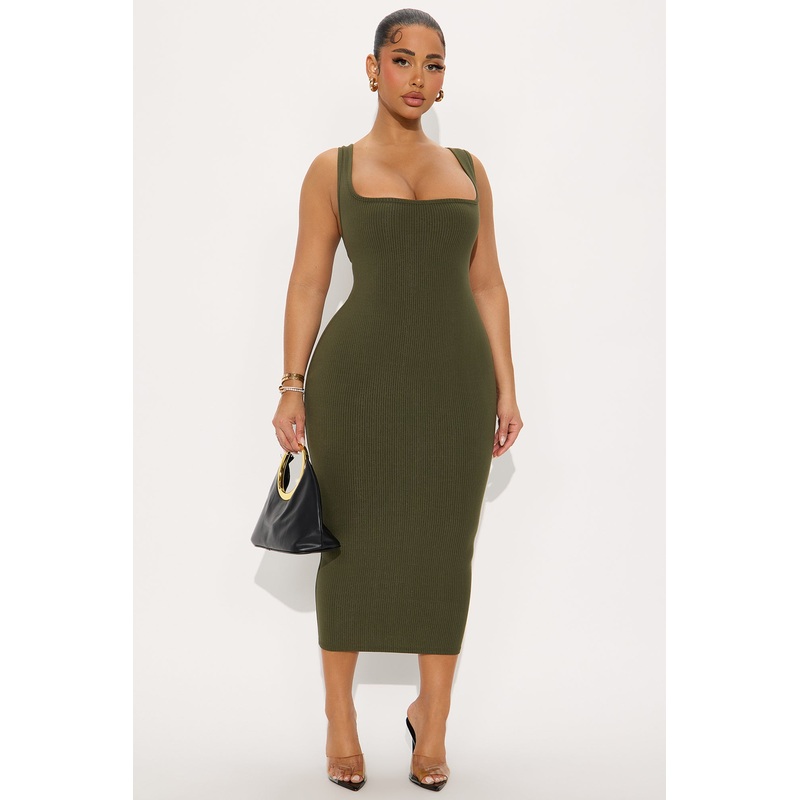 Sara Square Neck Snatched Midi Dress – Olive