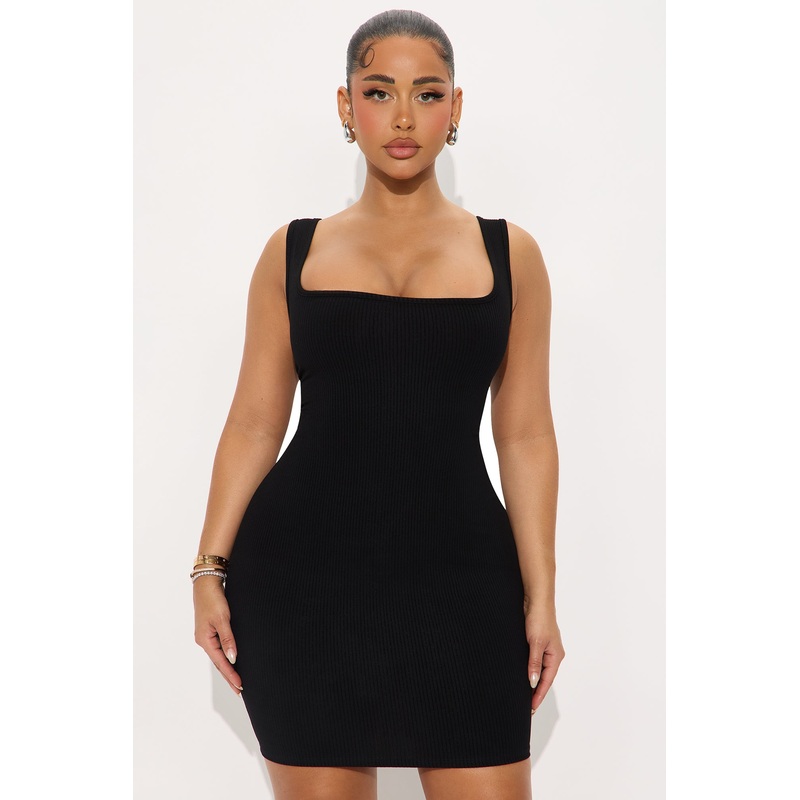 Sara Square Neck Snatched Mini Dress – Black