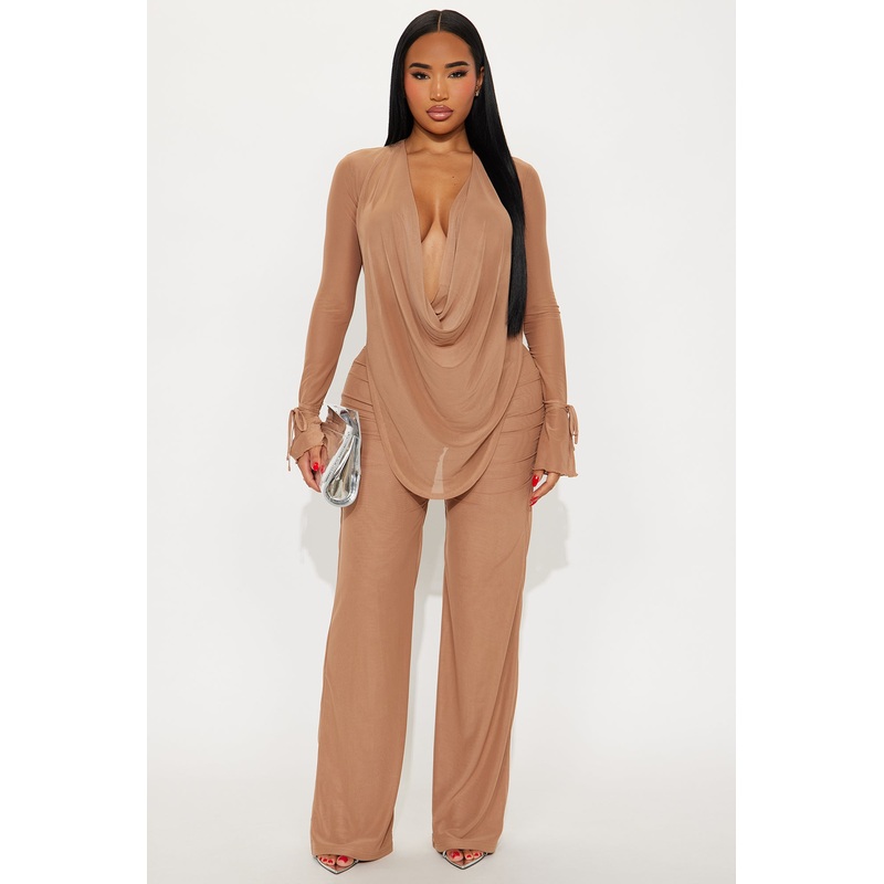 Silent Muse Cowl Neck Mesh Pant Set – Mocha