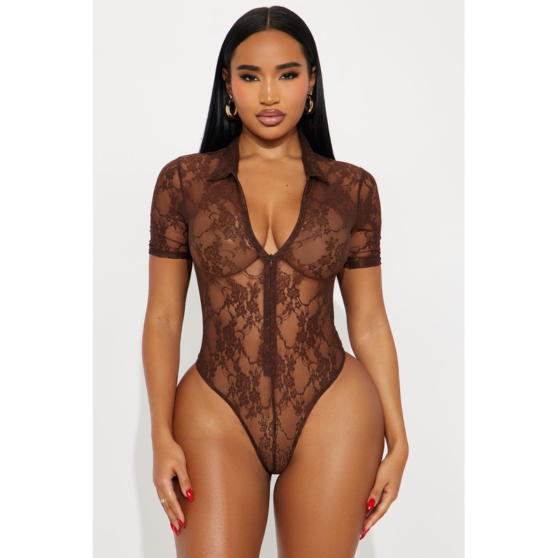 Timea Short Sleeve Lace Bodysuit – Brown