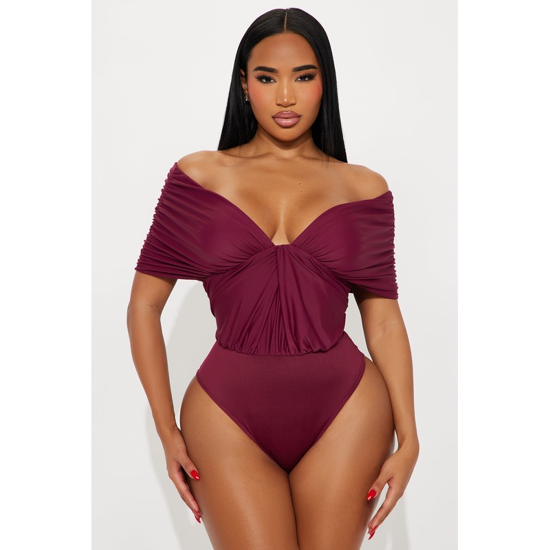True Rival Ruched Off Shoulder Bodysuit – Plum