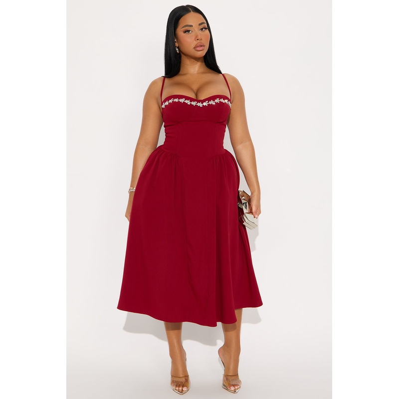 Abigail Rhinestone Midi Dress – Red