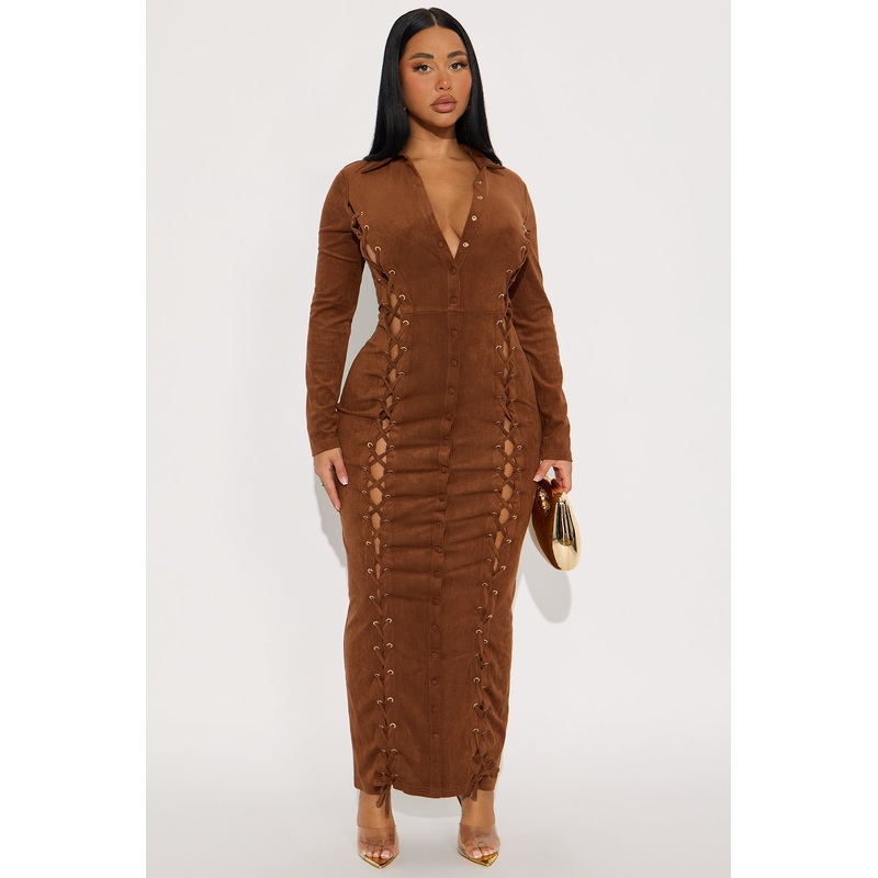 Austen Suede Lace Up Maxi Shirt Dress – Brown
