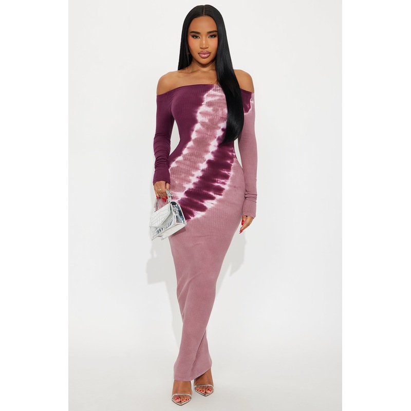 Beatrice Tie Dye Ribbed Maxi Dress – Plum/Multi