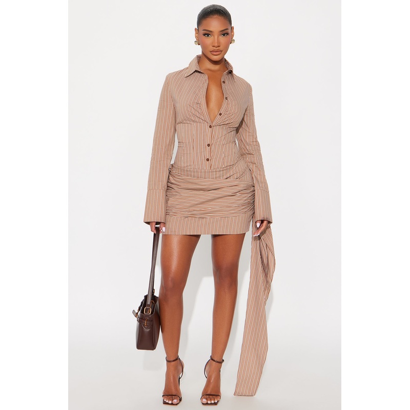 Bria Draped Pinstripe Shirt Mini Dress – Taupe