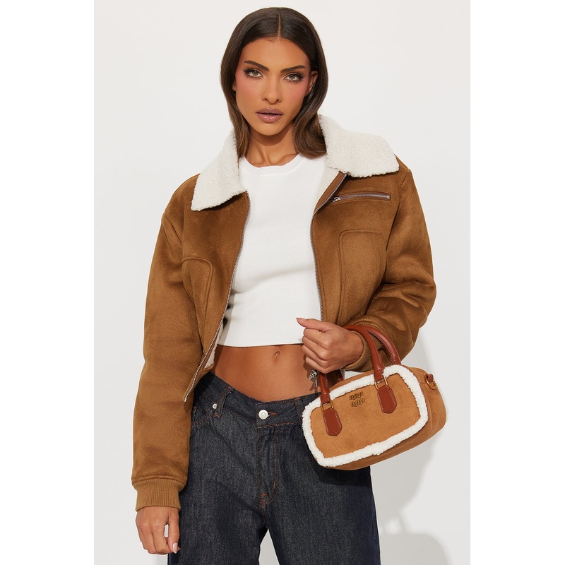 Cool With Me Fur Trim Faux Suede Satchel Handbag – Cognac