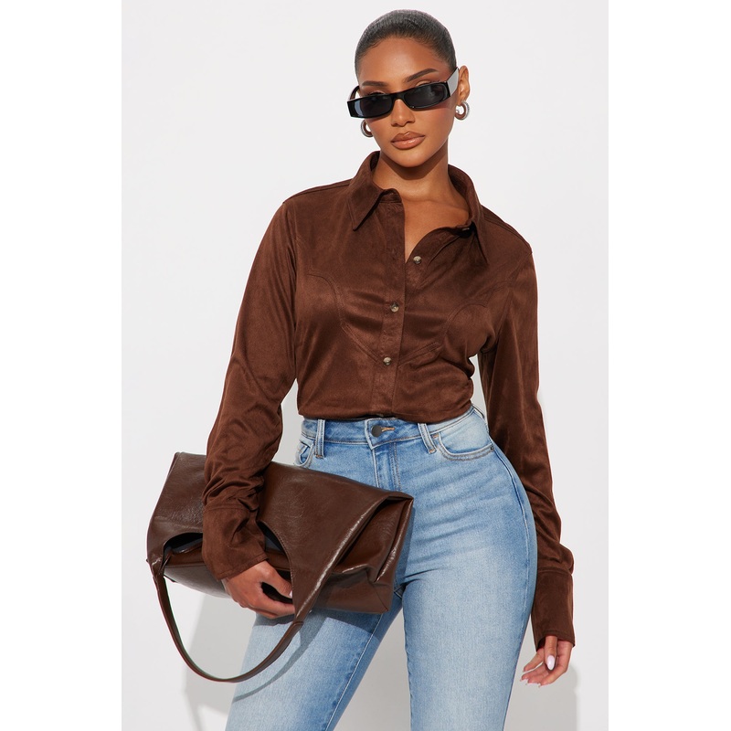 Giddy Up Faux Suede Shirt – Brown