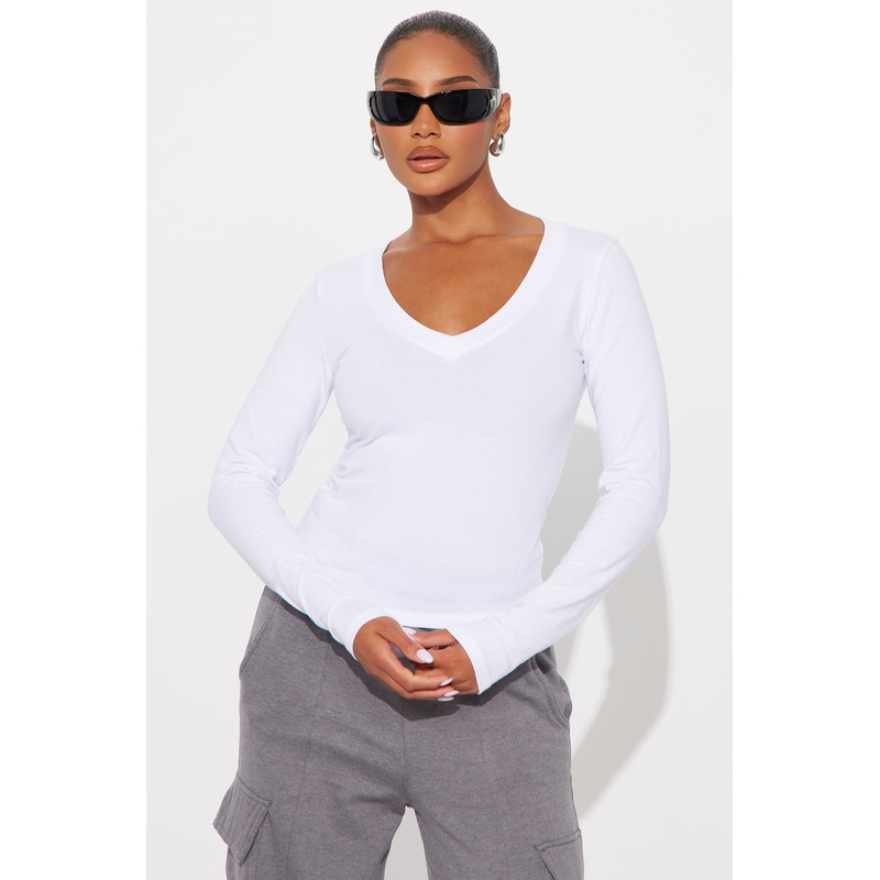 Jasmine V Neck Everyday Long Sleeve Top – White