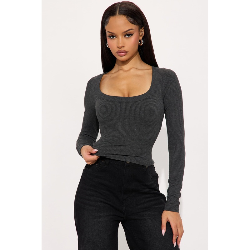 Maribel Ribbed Square Neck Long Sleeve Top – Charcoal