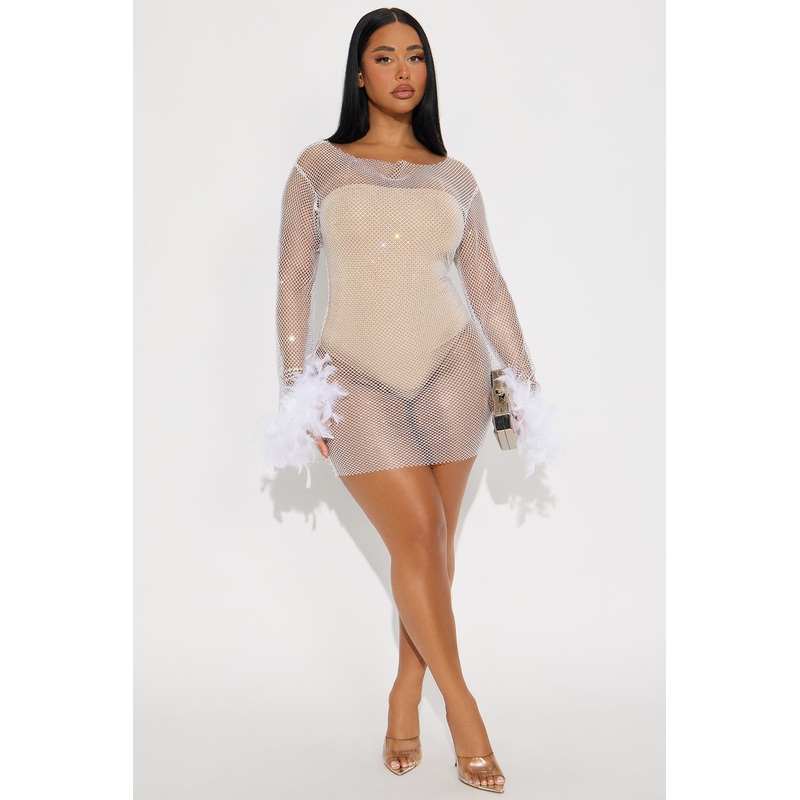 Natalie Rhinestone Fishnet Mini Dress – White