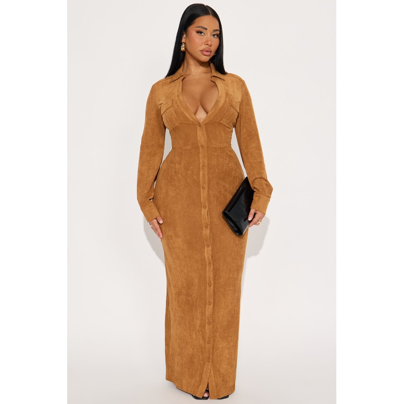 Noelle Suede Maxi Shirt Dress – Cognac