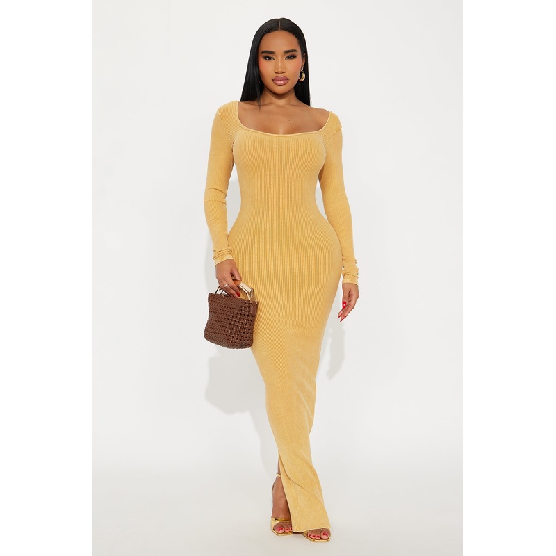 Off Duty Backless Long Sleeve Ribbed Maxi Dress – Mustard