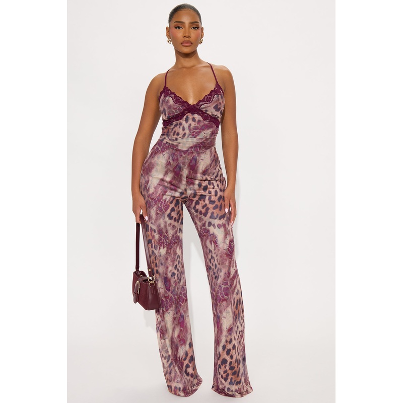 Sarah Mesh Leopard Flare Leg Jumpsuit – Burgundy/combo