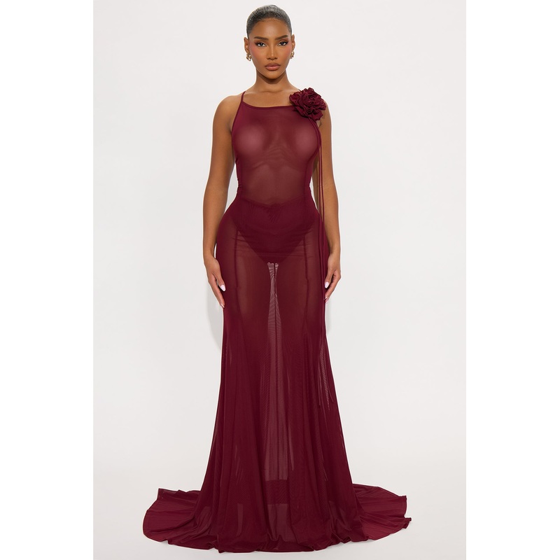 Sheer Goddess Mesh Maxi Dress – Burgundy
