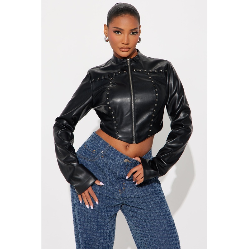 Sneaky Games Studded Faux Leather Top – Black