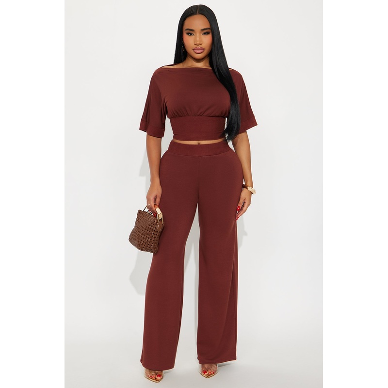 Stay A While Dolman Sleeve Wide Leg Pant Set – Brown