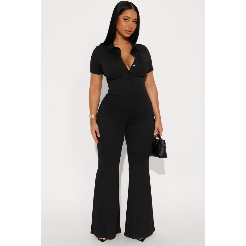 Betsy Ribbed Short Sleeve Jumpsuit – Black