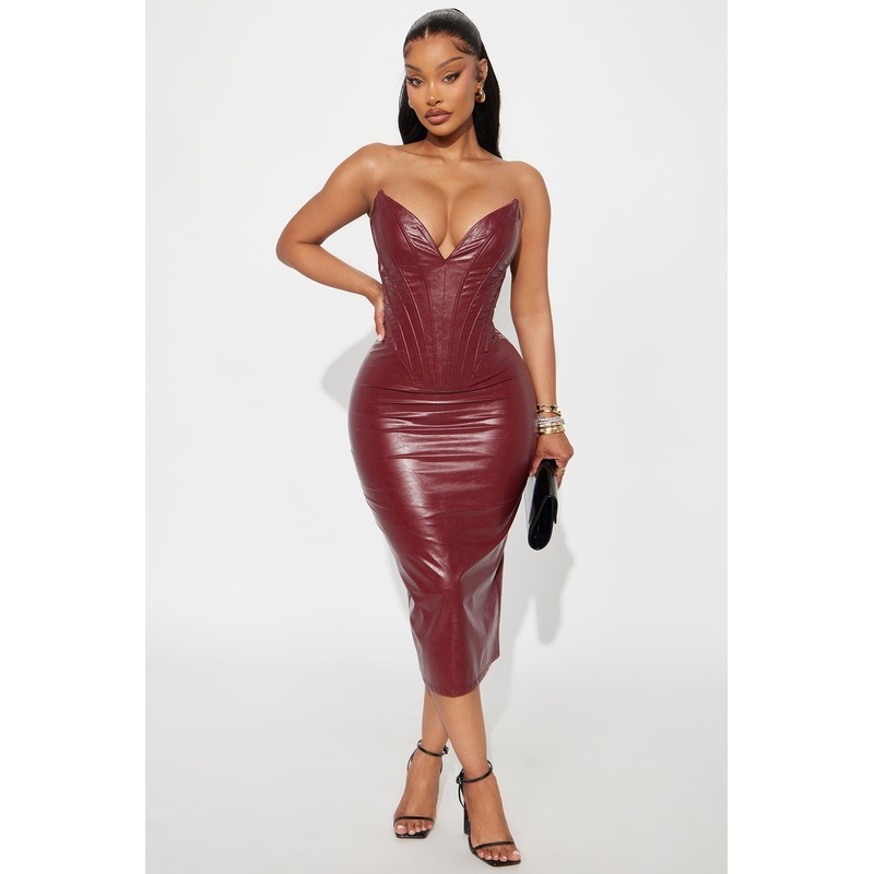 Callie Corset Faux Leather Midi Dress – Wine