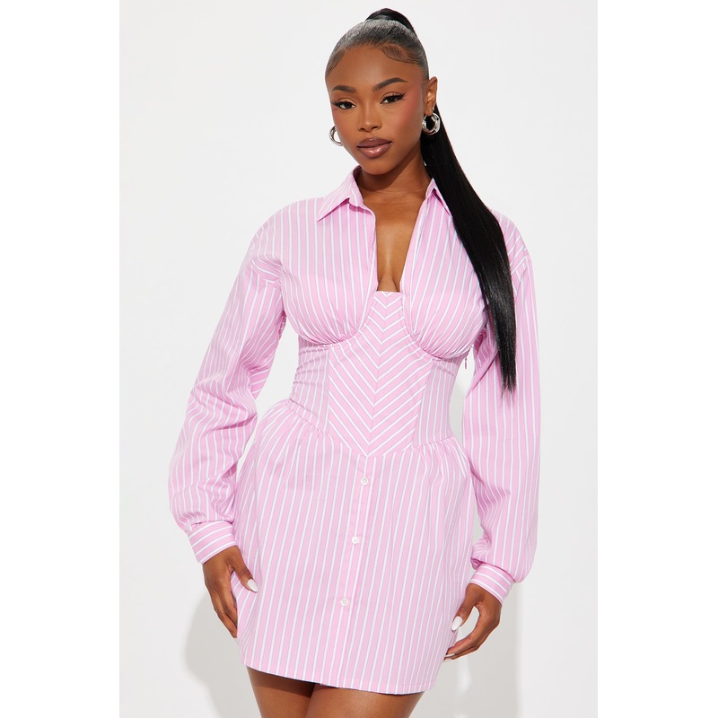 Carly Collar Pinstripe Shirt Mini Dress – Pink