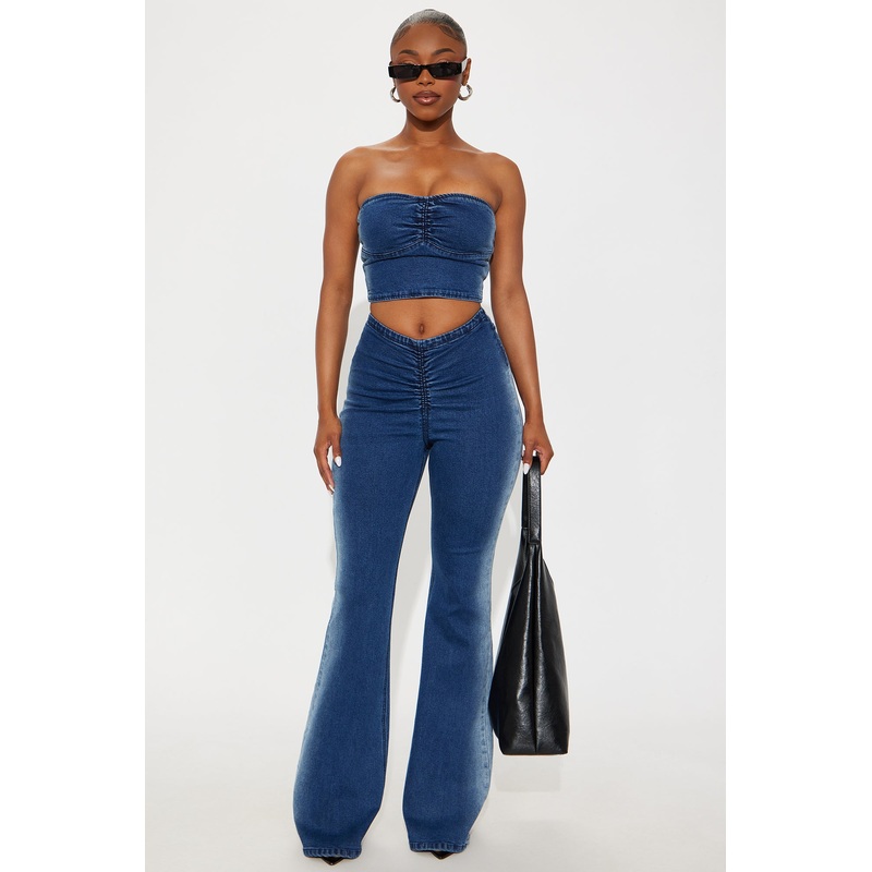 Carolina Denim Tube Top Flare Pant Set – Medium Wash